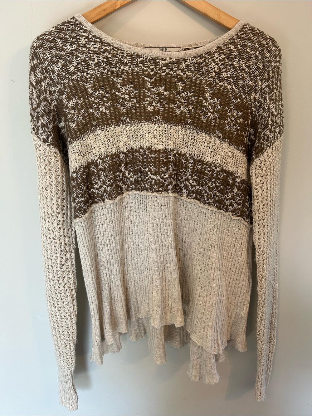 BKE Cream and Brown Colorblock Open-Knit Oversized Sweater Medium